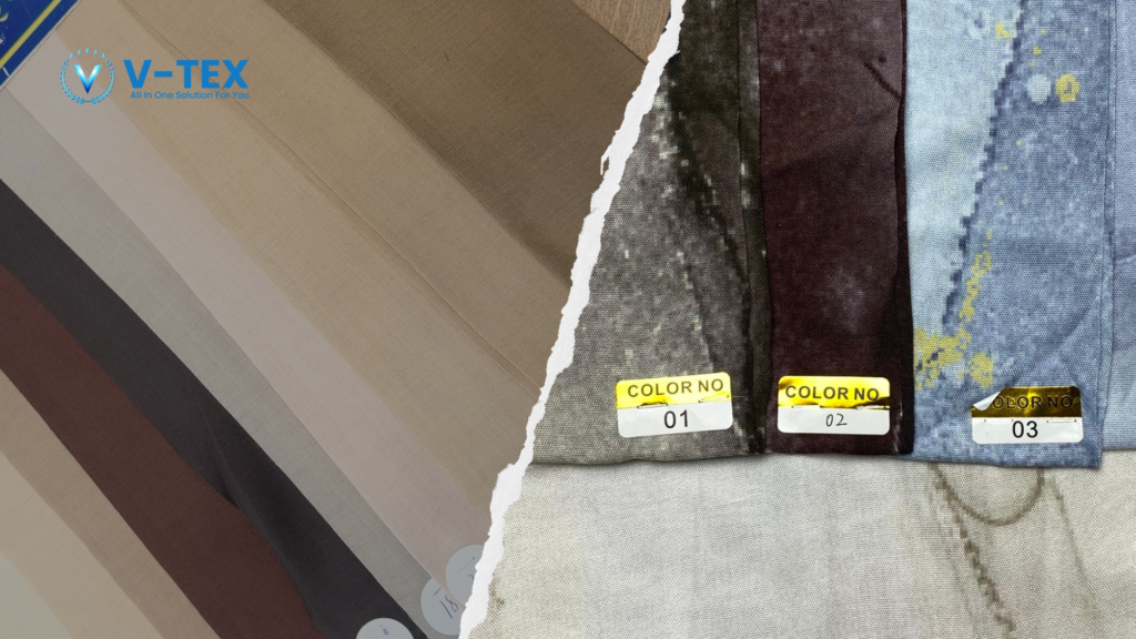 Foto katalog sampel kain viscose dari V-TEX yang terbagi menjadi dua bagian. Sisi kiri menampilkan pilihan kain viscose warna polos dalam gradasi warna krem, cokelat, dan abu-abu tua. Sisi kanan menampilkan sampel kain viscose bermotif tekstur yang dilengkapi label berkode "COLOR NO 01" (abu-abu), "COLOR NO 02" (marun), dan "COLOR NO 03" (biru muda).