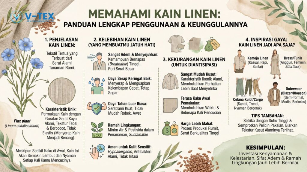 Infografis mengenai penjelasan kain linen, kelebihan, kekurangan dan inspirasi kain linen menjadi pakaian apa saja.