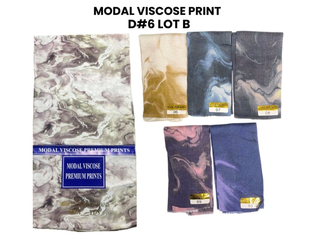 Katalog sampel warna Pashmina Viscose Motif Marble D#6 Lot B, menampilkan pilihan warna earthy dan bold seperti mustard, charcoal, dan plum (warna 06-10).