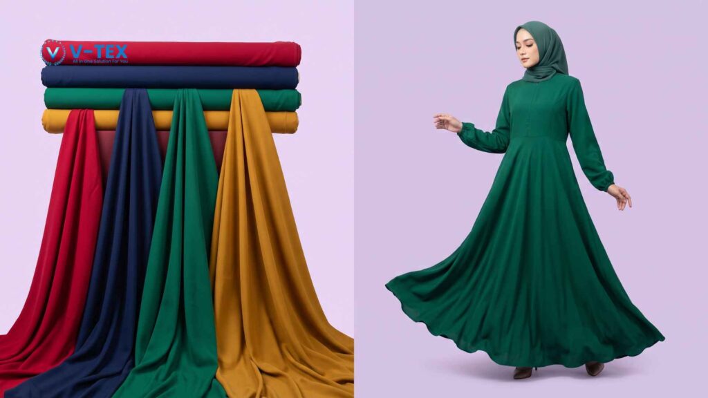 Ilustrasi dari AI mengenai berbagai macam warna Kain Wolfis / Woolpeach beserta contoh gamisnya.