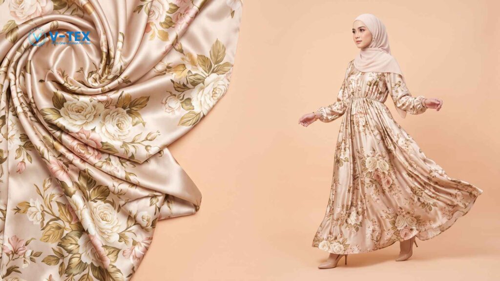 Ilustrasi dari AI mengenai Kain Maxmara Silk  beserta contoh gamisnya.