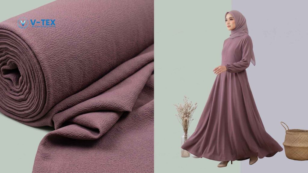 Ilustrasi dari AI mengenai Kain Wollycrepe / Rose Crepe beserta contoh gamisnya.