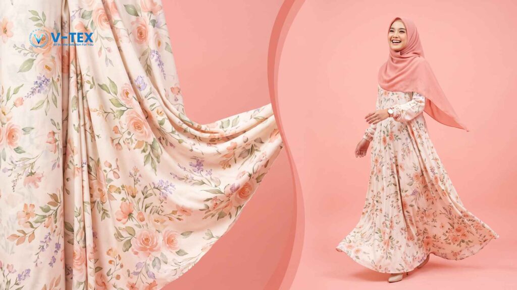 Ilustrasi dari AI mengenai Kain Rayon Viscose beserta contoh gamisnya.